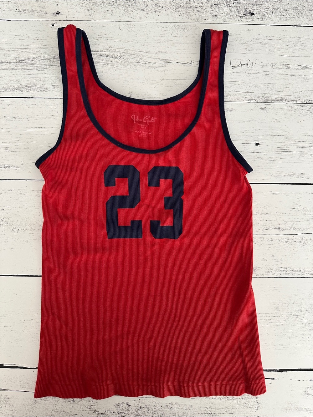 Brandy Melville Red Ribbed Tank with Black Trim and Navy Graphic